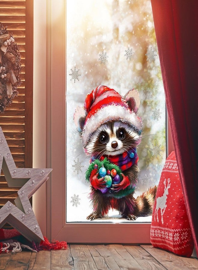 GRITOSE 1pcs Christmas Window Cling 11.8inch Christmas Hat Raccoon Designs Xmas Double-Sided Snowflake Windows Stickers Cute Cartoon Decals for Glassy Decor for Holiday Home Party Office Room Supplies - Image 3